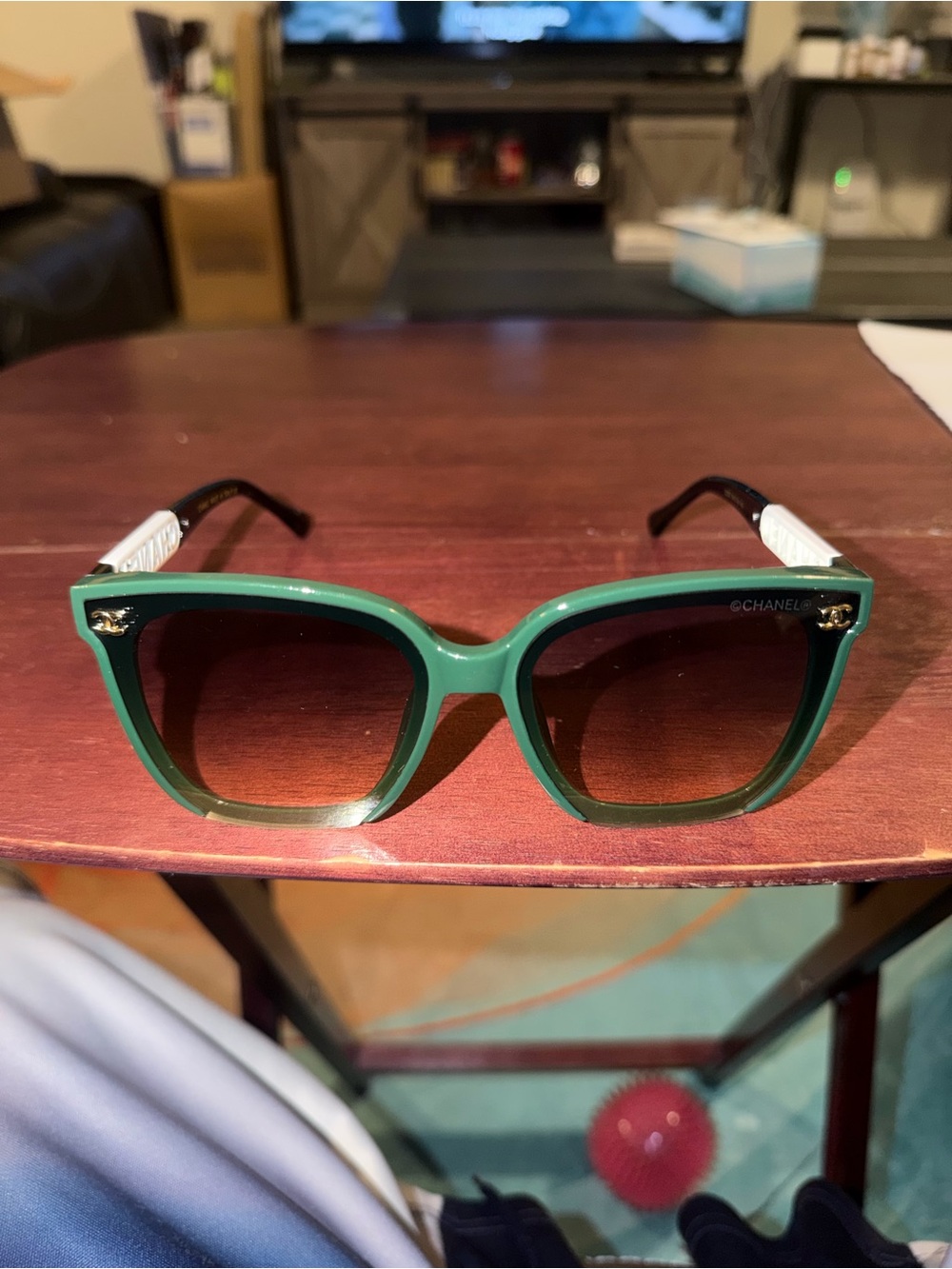 CHANEL Green Frame Sunglasses with Gradient Brown Lenses